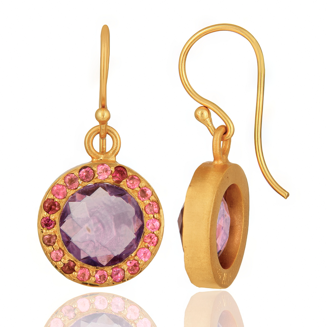 Amethyst & Pink Tourmaline Halo Earrings