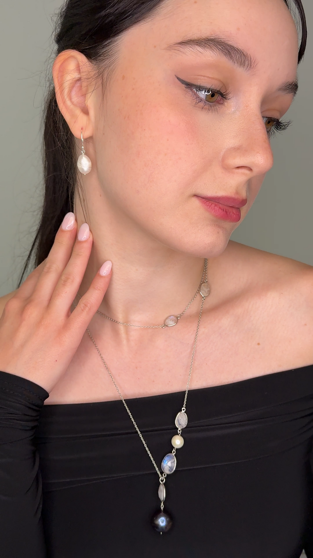 Black Pearl & Moonstone Sterling Silver Necklace