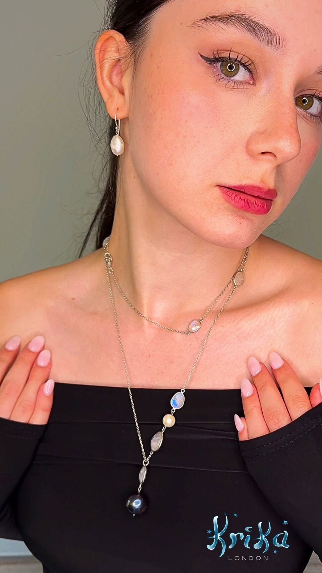 Black Pearl & Moonstone Sterling Silver Necklace