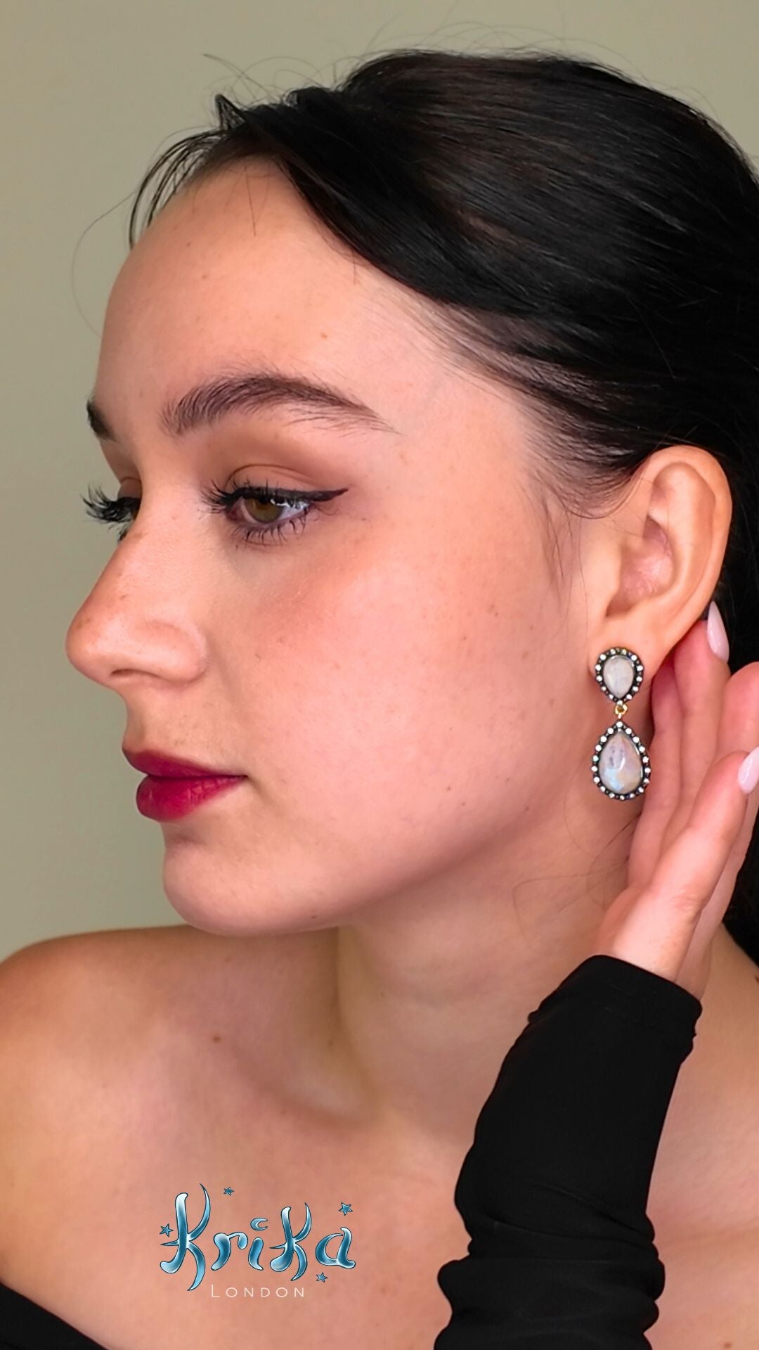 Rainbow Moonstone & Black Rhodium Sterling Silver Drop Earrings